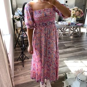 Pink floral smocked midi xs